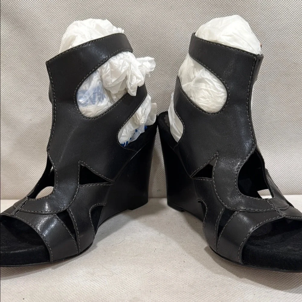 ANTIA Black Leather 3-1/2” Wedge Heel Sandals (sz 8)